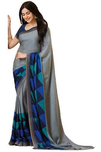 Women's Georgette Grey Printed Designer Saree With Blouse Piece