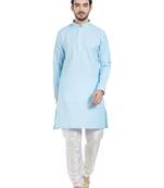 Blue cotton poly traditional solid kurta pajama