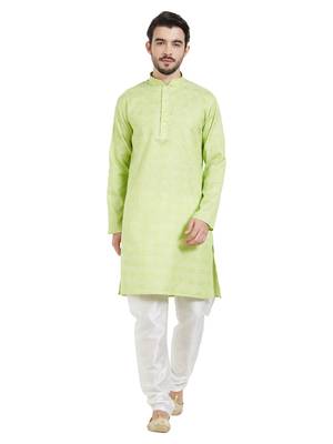 Green cotton poly traditional self design kurta pajama 1