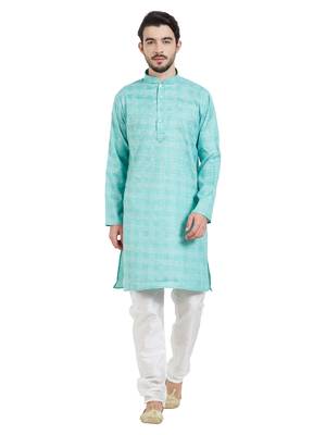 Green cotton poly traditional self design kurta pajama 1