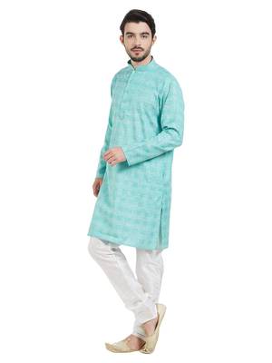 Green cotton poly traditional self design kurta pajama 2