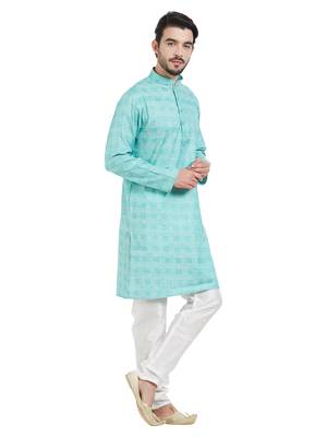 Green cotton poly traditional self design kurta pajama 3