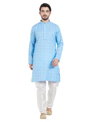 Blue cotton poly traditional self design kurta pajama 1