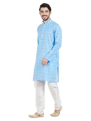 Blue cotton poly traditional self design kurta pajama 2