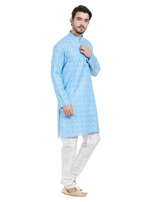 Blue cotton poly traditional self design kurta pajama 3