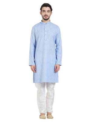 Blue Cotton Poly Traditional Self Design Kurta Pajama 1