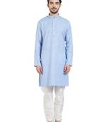 Blue Cotton Poly Traditional Self Design Kurta Pajama