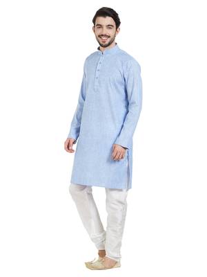 Blue Cotton Poly Traditional Self Design Kurta Pajama 2