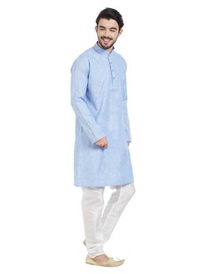Blue Cotton Poly Traditional Self Design Kurta Pajama 3