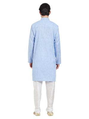 Blue Cotton Poly Traditional Self Design Kurta Pajama 4