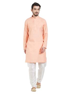 Orange Cotton Poly Traditional Self Design Kurta Pajama 1