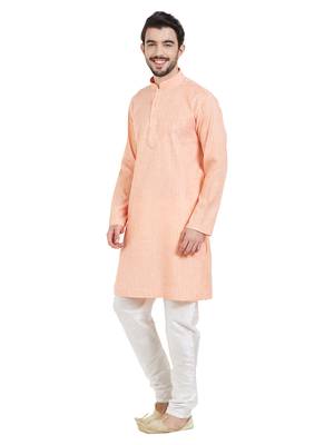 Orange Cotton Poly Traditional Self Design Kurta Pajama 2