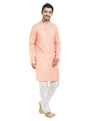 Orange Cotton Poly Traditional Self Design Kurta Pajama 3