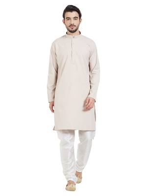 Beige Cotton Poly Traditional Solid Kurta Pajama 1