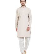 Beige Cotton Poly Traditional Solid Kurta Pajama