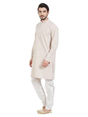 Beige Cotton Poly Traditional Solid Kurta Pajama 2
