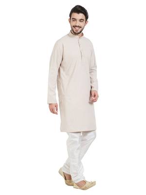 Beige Cotton Poly Traditional Solid Kurta Pajama 3
