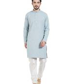 Blue Cotton Poly Traditional Solid Kurta Pajama
