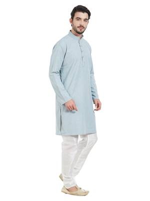 Blue Cotton Poly Traditional Solid Kurta Pajama 3