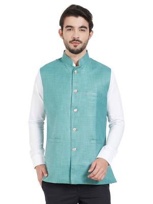 blue cotton poly nehru jacket 1