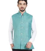 blue cotton poly nehru jacket
