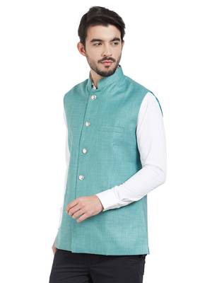 blue cotton poly nehru jacket 2