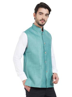 blue cotton poly nehru jacket 3