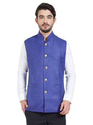 blue cotton poly nehru jacket 1