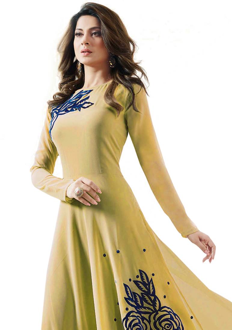 Yellow georgette embroidered  semi stitched salwar with dupatta