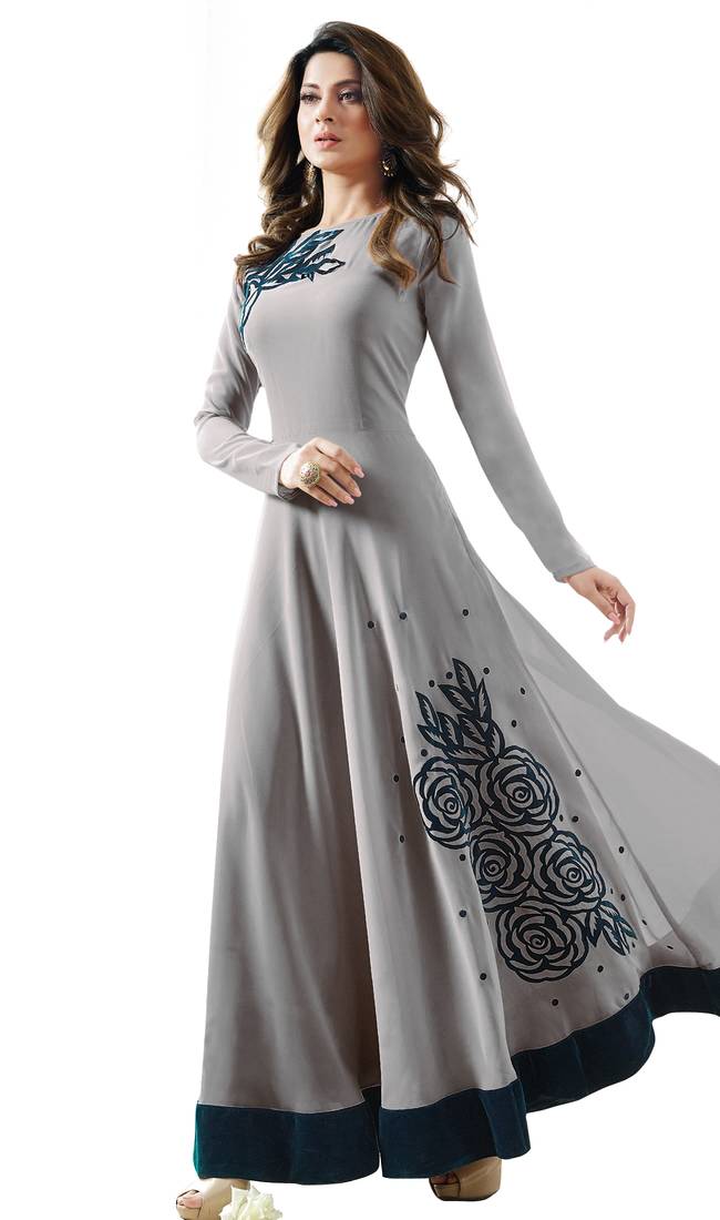 Grey georgette embroidered  semi stitched salwar with dupatta