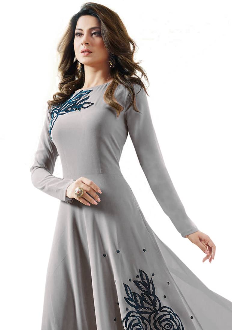 Grey georgette embroidered  semi stitched salwar with dupatta