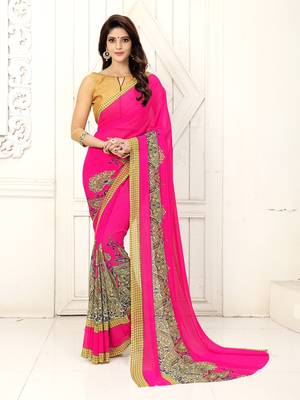Dark hot pink printed georgette saree with blouse 1