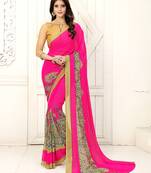 Dark hot pink printed georgette saree with blouse