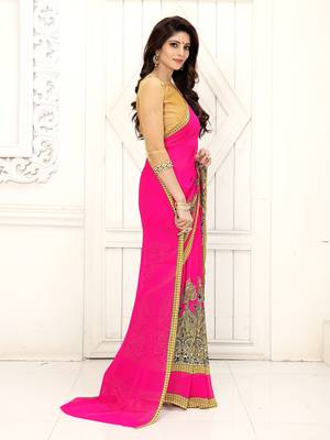 Dark hot pink printed georgette saree with blouse 2