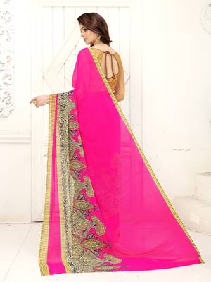 Dark hot pink printed georgette saree with blouse 3