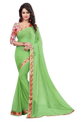 Green plain nazneen saree with blouse 1