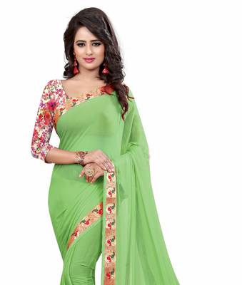 Green plain nazneen saree with blouse 5