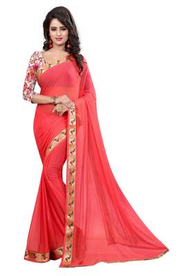 Red plain nazneen saree with blouse 1