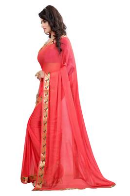 Red plain nazneen saree with blouse 2