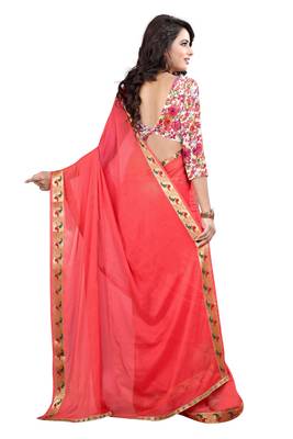 Red plain nazneen saree with blouse 3