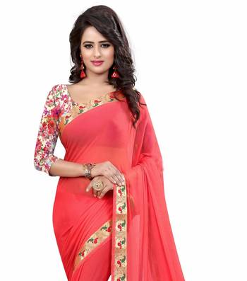 Red plain nazneen saree with blouse 5
