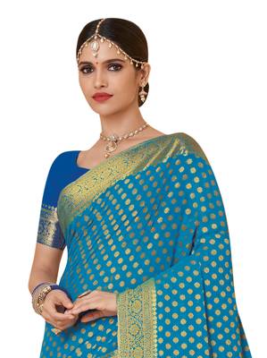 Blue woven art silk saree with blouse 3