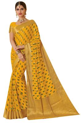 Yellow Woven Chiffon Saree With Blouse 1