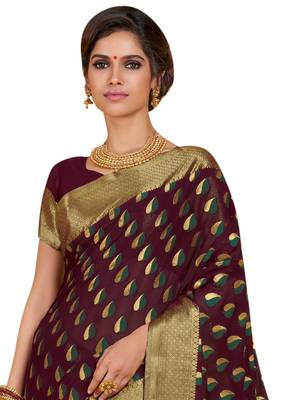 Brown woven chiffon saree with blouse 3
