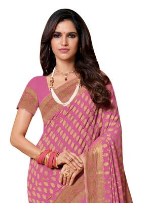 Pink Woven Chiffon Saree With Blouse 2