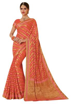 Peach woven chiffon saree with blouse 1