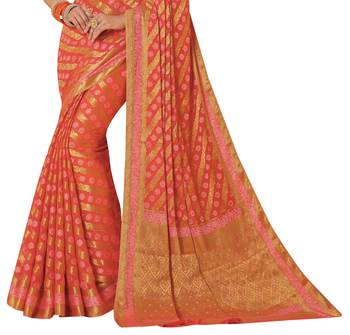Peach woven chiffon saree with blouse 3