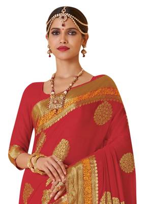 Red Woven Saree With Blouse 3