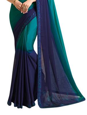Blue embroidered georgette saree with blouse 2