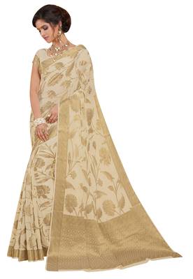 Cream Woven Chiffon Saree With Blouse 1